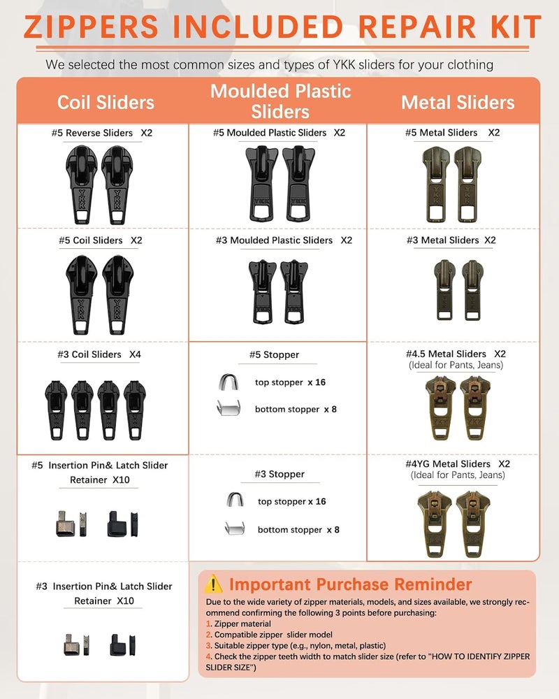 VICHERIA Zipper Repair Kit PRO Upgrade for YKK- Includes #4.5 & #4YG Metal Sliders + Insertion Pins for Jeans, Pants & Outdoor Gear, Compatible with YKK #3#4.5#5 Metal, Plastic & Coil Zippers (20 Pcs) - Image 2